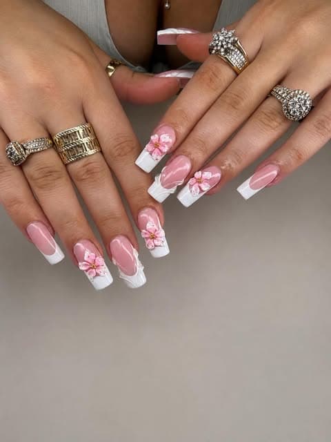 Pink floral French tips